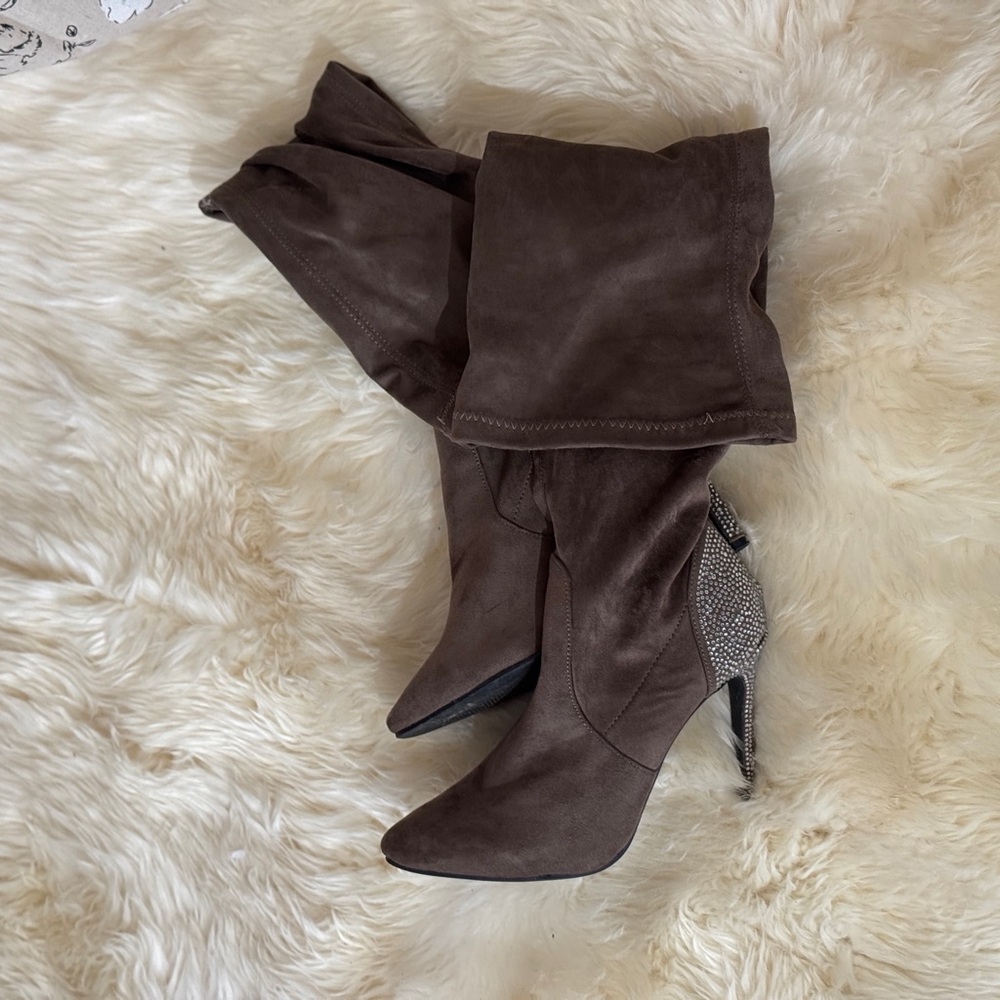 Elegant Brown Suede Women's Boots Rhinestone Detail
